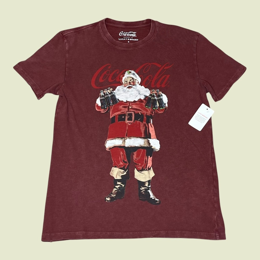 NEW Lucky Brand Coca-Cola Santa Claus Graphic T-Shirt‎ Burgundy Red Mens SMALL